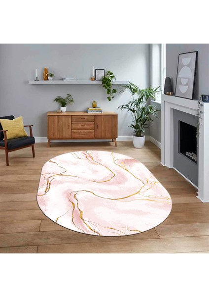 Dijital Kaymaz Taban Yıkanabilir Oval Mermer Desen Mutfak Salon Halısı, V-O-Mermer-29-Pembe,