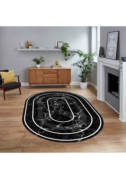 Dijital Kaymaz Taban Yıkanabilir Oval Mermer Desen Mutfak Salon Halısı, V-O-Mermer-16-Siyah,