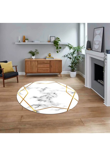 Dijital Kaymaz Taban Yıkanabilir Yuvarlak Mermer Desen Mutfak Salon Halısı, V-Y-Mermer-15-Gold,