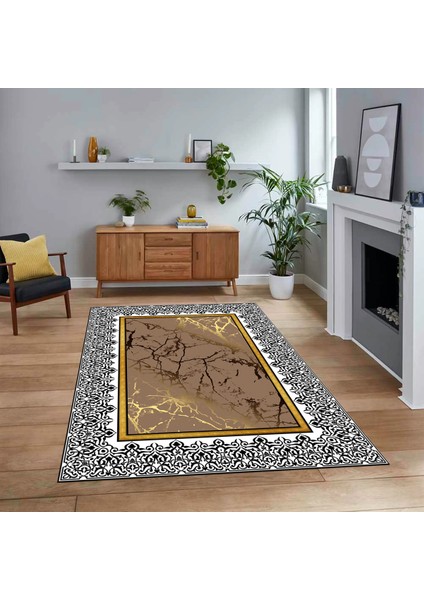 Dijital Baskılı Kaymaz Taban Yıkanabilir Mermer Desen Mutfak Salon Halısı, V-Mermer-10-Kahve,