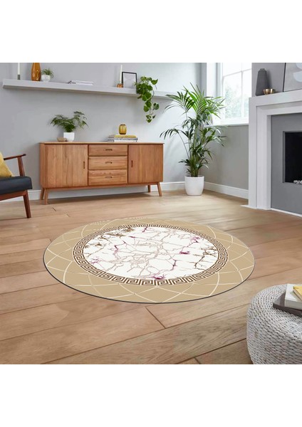 Dijital Kaymaz Taban Yıkanabilir Yuvarlak Mermer Desen Mutfak Salon Halısı, V-Y-Mermer-23-Krem,