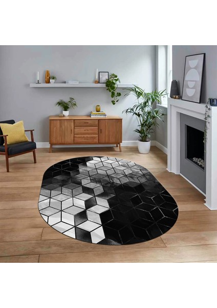 Dijital Kaymaz Taban Yıkanabilir Oval Mermer Desen Mutfak Salon Halısı, V-O-Mermer-19-Antrasit,