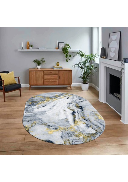 Dijital Kaymaz Taban Yıkanabilir Oval Mermer Desen Mutfak Salon Halısı, V-O-Mermer-26-Mavi,