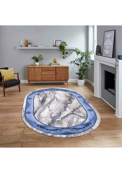 Dijital Kaymaz Taban Yıkanabilir Oval Mermer Desen Mutfak Salon Halısı, V-O-Mermer-03-Mavi,