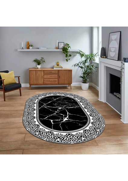Dijital Kaymaz Taban Yıkanabilir Oval Mermer Desen Mutfak Salon Halısı, V-O-Mermer-10-Siyah,