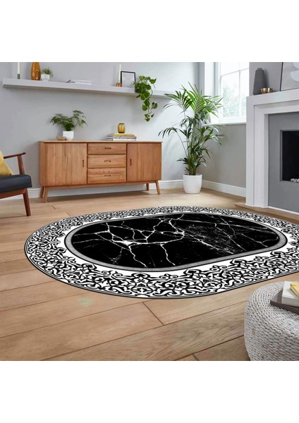 Dijital Kaymaz Taban Yıkanabilir Oval Mermer Desen Mutfak Salon Halısı, V-O-Mermer-10-Siyah, fiyatları
