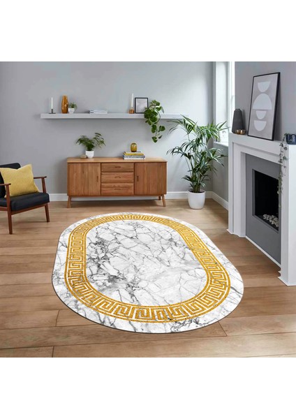 Dijital Kaymaz Taban Yıkanabilir Oval Mermer Desen Mutfak Salon Halısı, V-O-Mermer-12-Beyaz,