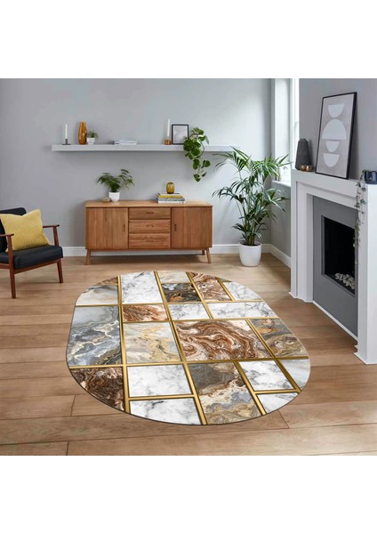 Dijital Kaymaz Taban Yıkanabilir Oval Mermer Desen Mutfak Salon Halısı, V-O-Mermer-28-Kahve,
