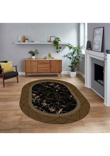 Dijital Kaymaz Taban Yıkanabilir Oval Mermer Desen Mutfak Salon Halısı, V-O-Mermer-23-Kahve,