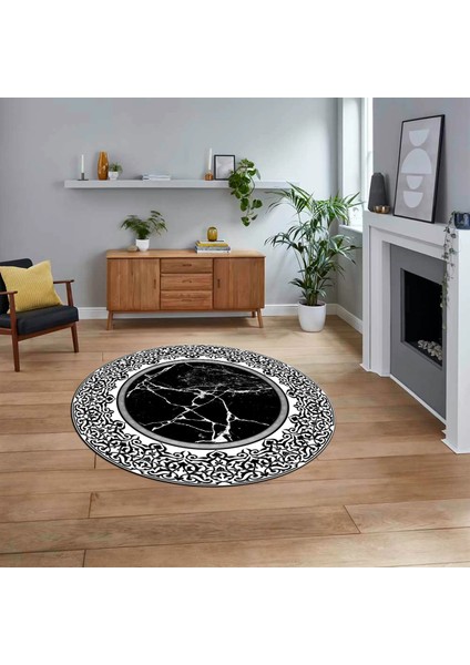 Dijital Kaymaz Taban Yıkanabilir Yuvarlak Mermer Desen Mutfak Salon Halısı, V-Y-Mermer-10-Siyah,