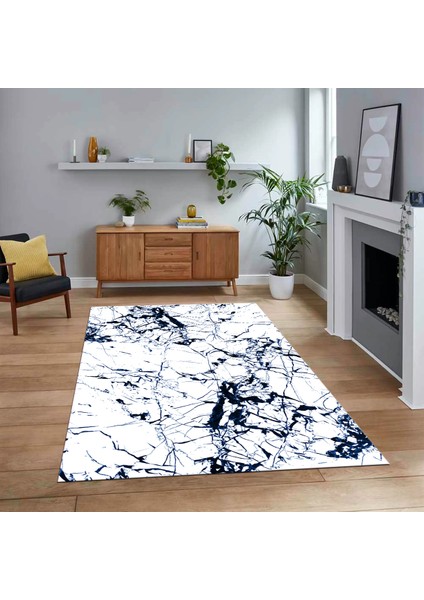 Dijital Baskılı Kaymaz Taban Yıkanabilir Mermer Desen Mutfak Salon Halısı, V-Mermer-27-Mavi,