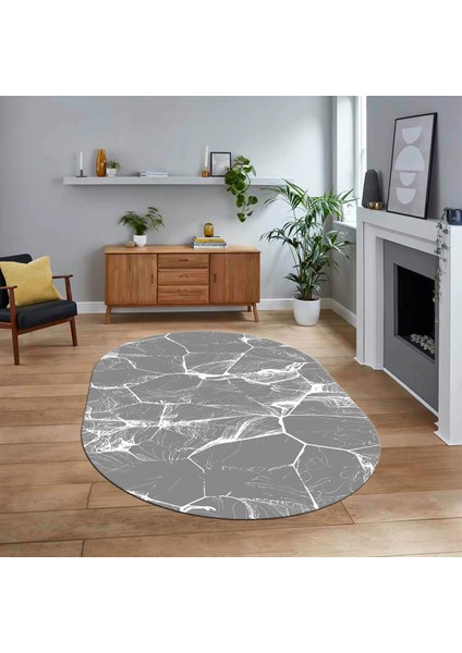 Dijital Kaymaz Taban Yıkanabilir Oval Mermer Desen Mutfak Salon Halısı, V-O-Mermer-01-Gri,
