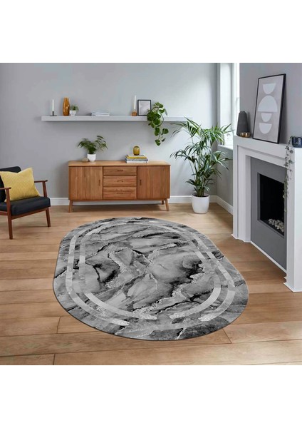 Dijital Kaymaz Taban Yıkanabilir Oval Mermer Desen Mutfak Salon Halısı, V-O-Mermer-04-Gri,