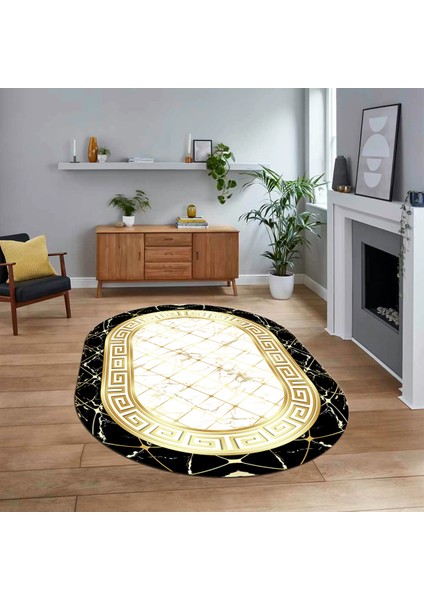 Dijital Kaymaz Taban Yıkanabilir Oval Mermer Desen Mutfak Salon Halısı, V-O-Mermer-18-Gold,