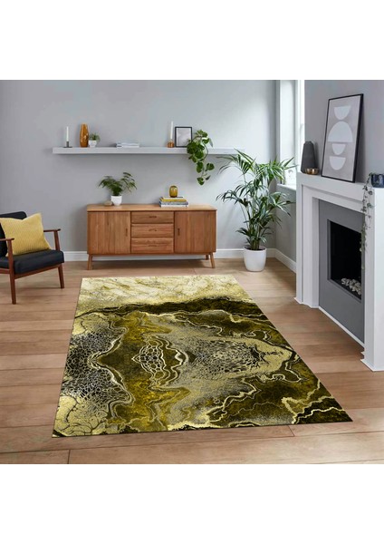 Dijital Baskılı Kaymaz Taban Yıkanabilir Mermer Desen Mutfak Salon Halısı, V-Mermer-25-Sarı,
