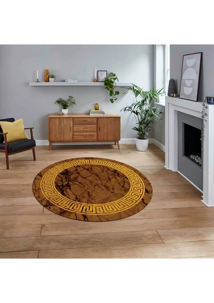 Dijital Kaymaz Taban Yıkanabilir Yuvarlak Mermer Desen Mutfak Salon Halısı, V-Y-Mermer-12-Kahve,