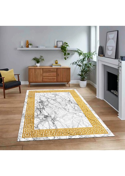 Dijital Baskılı Kaymaz Taban Yıkanabilir Mermer Desen Mutfak Salon Halısı, V-Mermer-12-Beyaz,