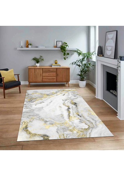 Dijital Baskılı Kaymaz Taban Yıkanabilir Mermer Desen Mutfak Salon Halısı, V-Mermer-26-Gold,
