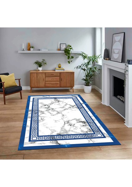 Dijital Baskılı Kaymaz Taban Yıkanabilir Mermer Desen Mutfak Salon Halısı, V-Mermer-21-Mavi,