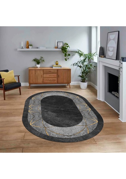 Dijital Kaymaz Taban Yıkanabilir Oval Mermer Desen Mutfak Salon Halısı, V-O-Mermer-13-Antrasit,