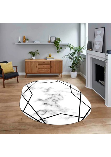 Dijital Kaymaz Taban Yıkanabilir Oval Mermer Desen Mutfak Salon Halısı, V-O-Mermer-15-Siyah,