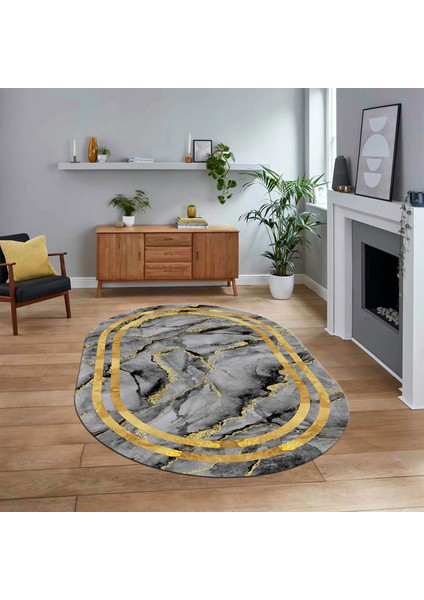 Dijital Kaymaz Taban Yıkanabilir Oval Mermer Desen Mutfak Salon Halısı, V-O-Mermer-04-Gold,