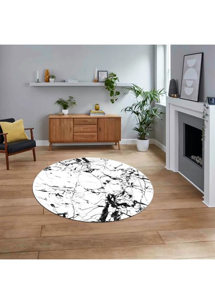 Dijital Kaymaz Taban Yıkanabilir Yuvarlak Mermer Desen Mutfak Salon Halısı, V-Y-Mermer-27-Beyaz,