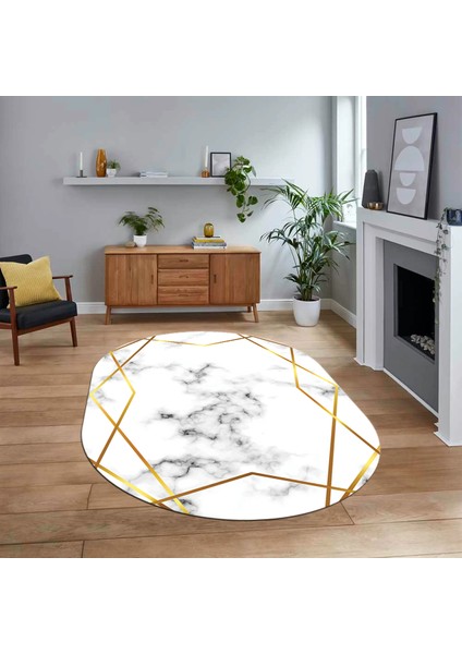 Dijital Kaymaz Taban Yıkanabilir Oval Mermer Desen Mutfak Salon Halısı, V-O-Mermer-15-Gold,
