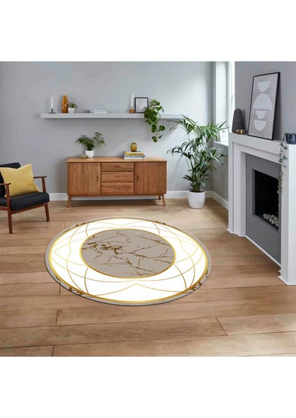 Dijital Kaymaz Taban Yıkanabilir Yuvarlak Mermer Desen Mutfak Salon Halısı, V-Y-Mermer-17-Gold,