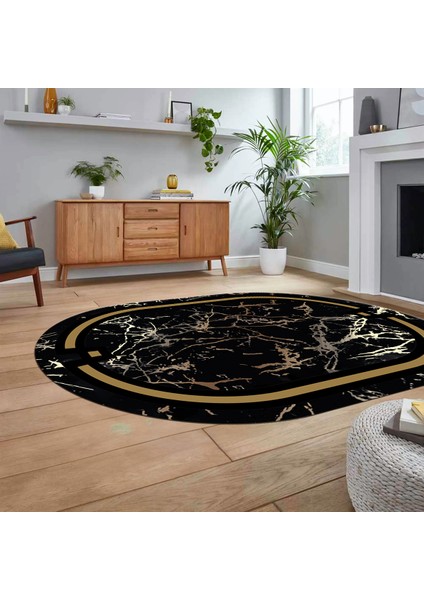 Dijital Kaymaz Taban Yıkanabilir Oval Mermer Desen Mutfak Salon Halısı, V-O-Mermer-07-Siyah,