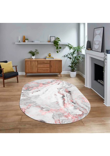 Dijital Kaymaz Taban Yıkanabilir Oval Mermer Desen Mutfak Salon Halısı, V-O-Mermer-26-Pembe,