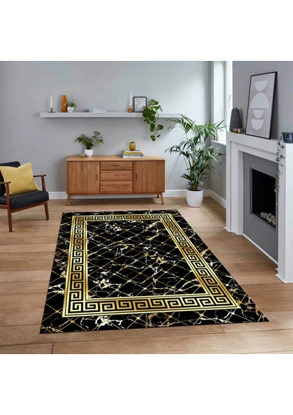 Dijital Baskılı Kaymaz Taban Yıkanabilir Mermer Desen Mutfak Salon Halısı, V-Mermer-18-Siyah,