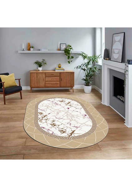 Dijital Kaymaz Taban Yıkanabilir Oval Mermer Desen Mutfak Salon Halısı, V-O-Mermer-23-Krem,