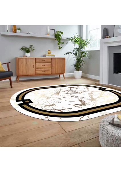 Dijital Kaymaz Taban Yıkanabilir Oval Mermer Desen Mutfak Salon Halısı, V-O-Mermer-07-Beyaz,