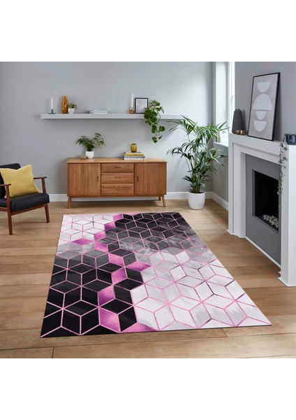 Dijital Baskılı Kaymaz Taban Yıkanabilir Mermer Desen Mutfak Salon Halısı, V-Mermer-19-Pembe,