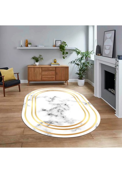 Dijital Kaymaz Taban Yıkanabilir Oval Mermer Desen Mutfak Salon Halısı, V-O-Mermer-05-Gold,