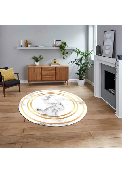 Dijital Kaymaz Taban Yıkanabilir Yuvarlak Mermer Desen Mutfak Salon Halısı, V-Y-Mermer-05-Gold,