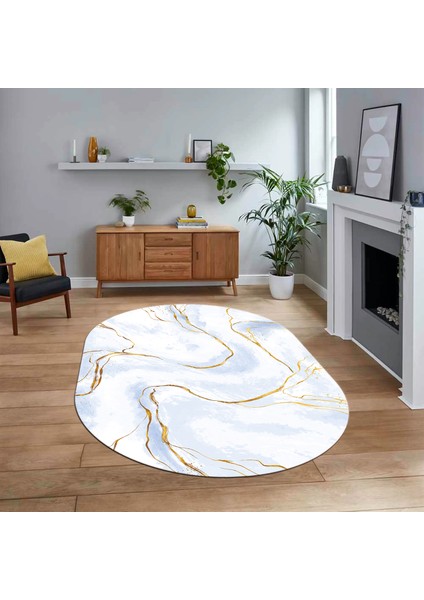 Dijital Kaymaz Taban Yıkanabilir Oval Mermer Desen Mutfak Salon Halısı, V-O-Mermer-29-Mavi,