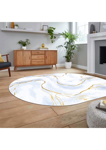 Dijital Kaymaz Taban Yıkanabilir Oval Mermer Desen Mutfak Salon Halısı, V-O-Mermer-29-Mavi,
