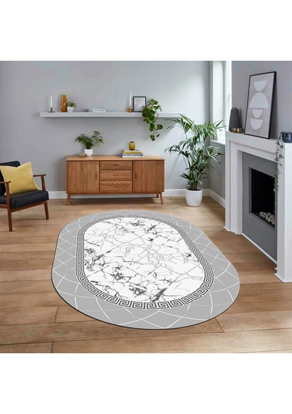 Dijital Kaymaz Taban Yıkanabilir Oval Mermer Desen Mutfak Salon Halısı, V-O-Mermer-23-Gri,