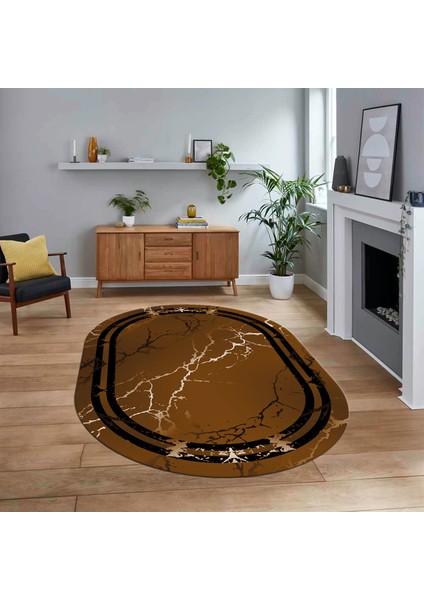 Dijital Kaymaz Taban Yıkanabilir Oval Mermer Desen Mutfak Salon Halısı, V-O-Mermer-08-Kahve,