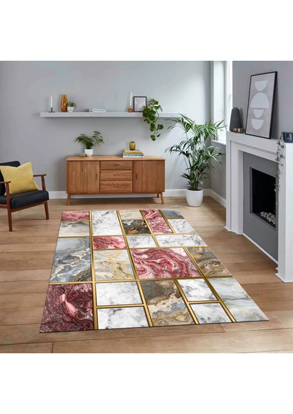 Dijital Baskılı Kaymaz Taban Yıkanabilir Mermer Desen Mutfak Salon Halısı, V-Mermer-28-Bordo,