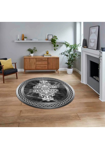 Dijital Kaymaz Taban Yıkanabilir Yuvarlak Mermer Desen Mutfak Salon Halısı, V-Y-Mermer-09-Antrasit,