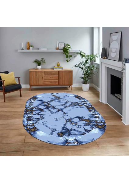 Dijital Kaymaz Taban Yıkanabilir Oval Mermer Desen Mutfak Salon Halısı, V-O-Mermer-30-Mavi,