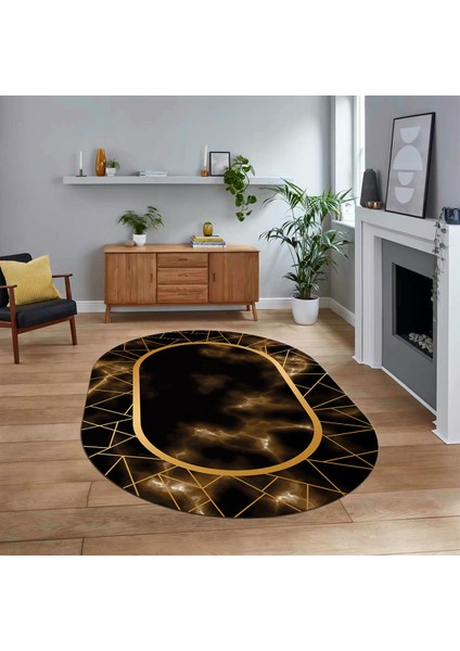 Dijital Kaymaz Taban Yıkanabilir Oval Mermer Desen Mutfak Salon Halısı, V-O-Mermer-24-Kahve,