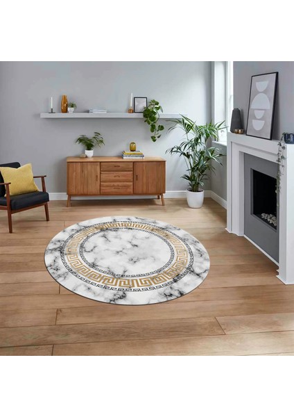 Dijital Kaymaz Taban Yıkanabilir Yuvarlak Mermer Desen Mutfak Salon Halısı, V-Y-Mermer-14-Gold,