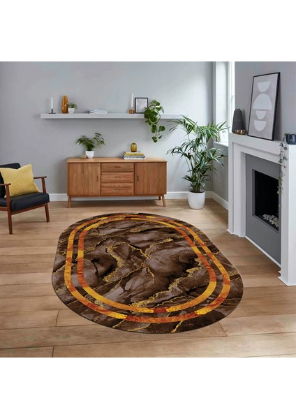 Dijital Kaymaz Taban Yıkanabilir Oval Mermer Desen Mutfak Salon Halısı, V-O-Mermer-04-Kahve,