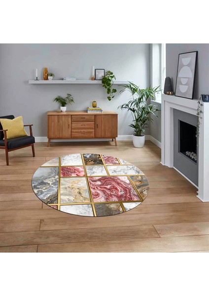 Dijital Kaymaz Taban Yıkanabilir Yuvarlak Mermer Desen Mutfak Salon Halısı, V-Y-Mermer-28-Bordo,