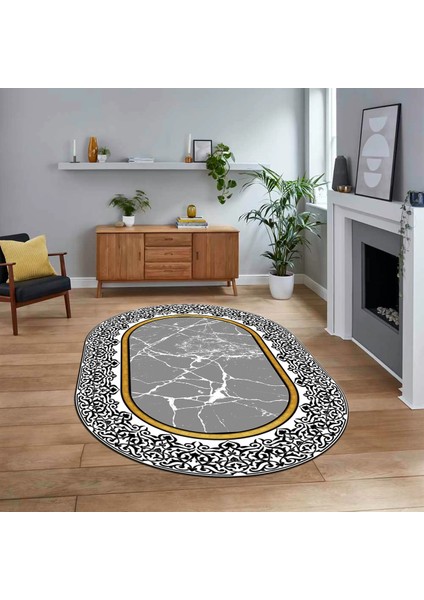 Dijital Kaymaz Taban Yıkanabilir Oval Mermer Desen Mutfak Salon Halısı, V-O-Mermer-10-Gri,