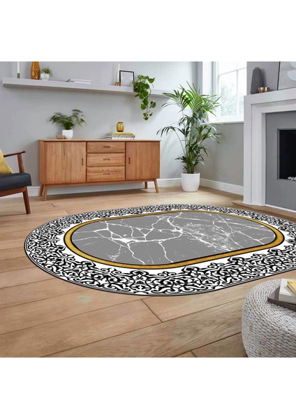 Dijital Kaymaz Taban Yıkanabilir Oval Mermer Desen Mutfak Salon Halısı, V-O-Mermer-10-Gri,